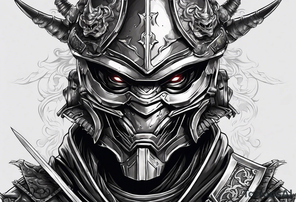 Angry robot demon ninja with demon mask with sword fighting in war tattoo idea