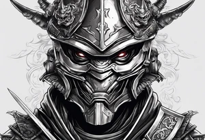 Angry robot demon ninja with demon mask with sword fighting in war tattoo idea