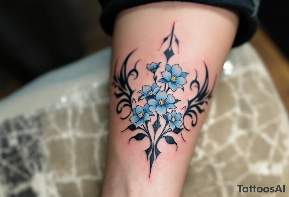 Subtle 23.03.1993 in fine black linework, wrapped in pastel blue forget-me-nots. tattoo idea