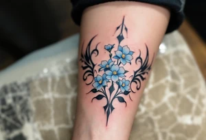 Subtle 23.03.1993 in fine black linework, wrapped in pastel blue forget-me-nots. tattoo idea