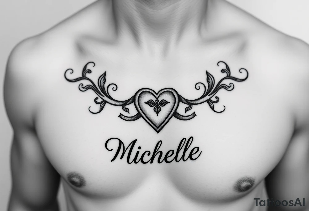 Design a tattoo for a man’s chest of a woman’s name (Michelle). Incorporate a subtle Irish Claddagh. Have the name Michelle below the heart tattoo idea