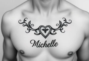 Design a tattoo for a man’s chest of a woman’s name (Michelle). Incorporate a subtle Irish Claddagh. Have the name Michelle below the heart tattoo idea