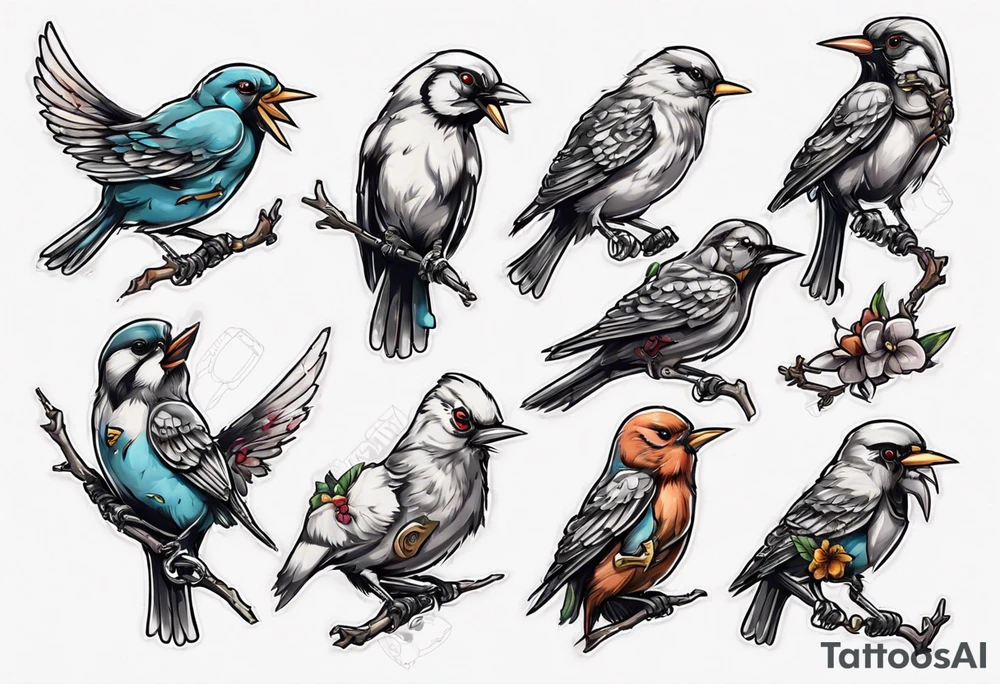 A broken beak songbird shackled to a middle finger tattoo idea