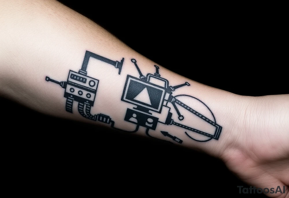 Tattoo for the top side of the forearm, black and gray, flash, hacker computer tech tattoo idea
