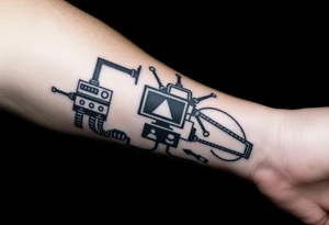 Tattoo for the top side of the forearm, black and gray, flash, hacker computer tech tattoo idea