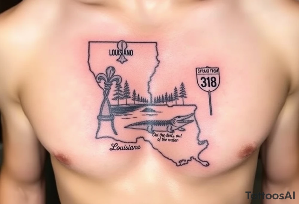 Louisiana state outline with fleur-de-lis, a bayou with a gator and trees , the 318 area code and and quote that says  Out the dirt, out the water, straight from 318 , a sign that says I- 20 tattoo idea