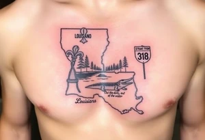 Louisiana state outline with fleur-de-lis, a bayou with a gator and trees , the 318 area code and and quote that says  Out the dirt, out the water, straight from 318 , a sign that says I- 20 tattoo idea