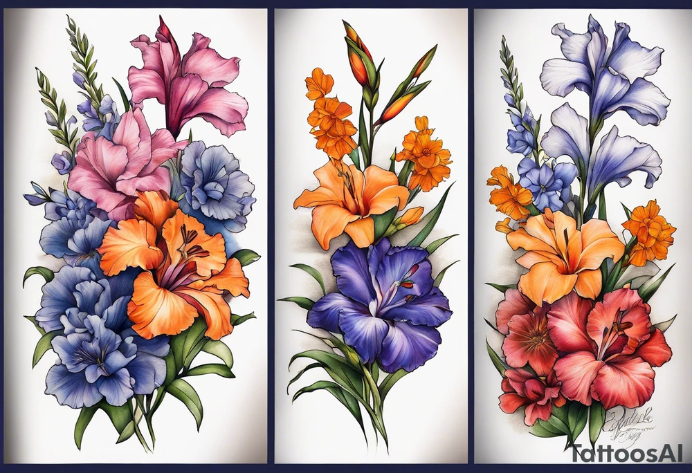 full sleeve of floral tattoo of purple gladiolus flower, pink peony, red hawthorn, orange marigold, navy blue sweet pea, and white paper white narcissus tattoo idea