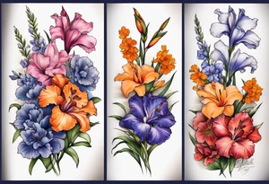 full sleeve of floral tattoo of purple gladiolus flower, pink peony, red hawthorn, orange marigold, navy blue sweet pea, and white paper white narcissus tattoo idea