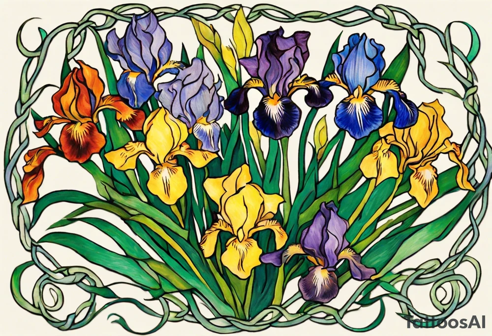 Create a small colorful Vincent van Gogh Irises tattoo , with vines in Celtic knots gracefully intertwining at a central point in the middle of the wreath.  The intended placement is on the upper chest. The overall design should be small in size while maintaining a delicate and artistic aesthetic. Pay attention to the graceful flow of the vines and the placement of the irises to achieve a refined and elegant look. tattoo idea