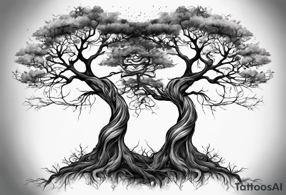 Two seperate trees twisting their trunks together tattoo idea
