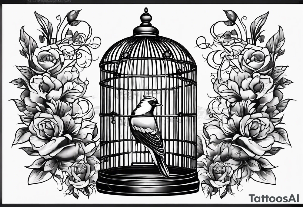 neo traditional decoration only on the left side, on the top of a long bird cage tattoo idea