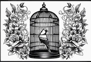 neo traditional decoration only on the left side, on the top of a long bird cage tattoo idea