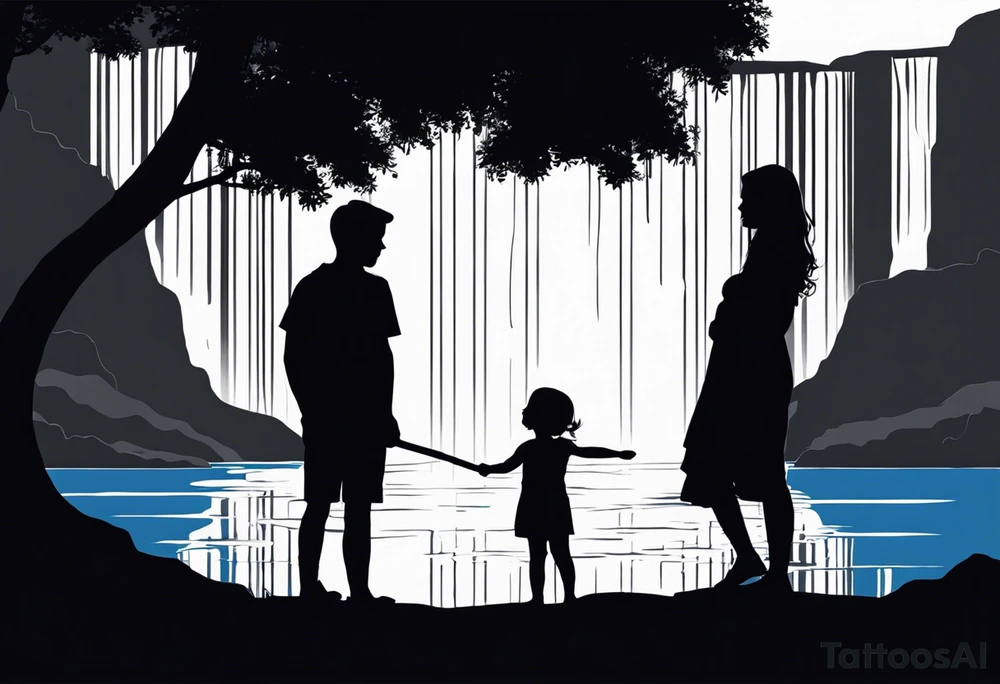 Silhouette of father standing in between daughter and younger son in front of water with reflection and waterfall with the waterfall only being blue. Everything else black and white. 6 year old daughter on one side and 2 year old son on the other side of the father tattoo idea