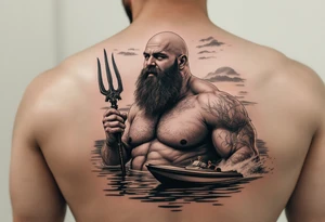 young, happy, fat, balding, poseidon in calm water, holding a trident, drinking a beer, with sunset, with ski boat, with ballet toutou tattoo idea