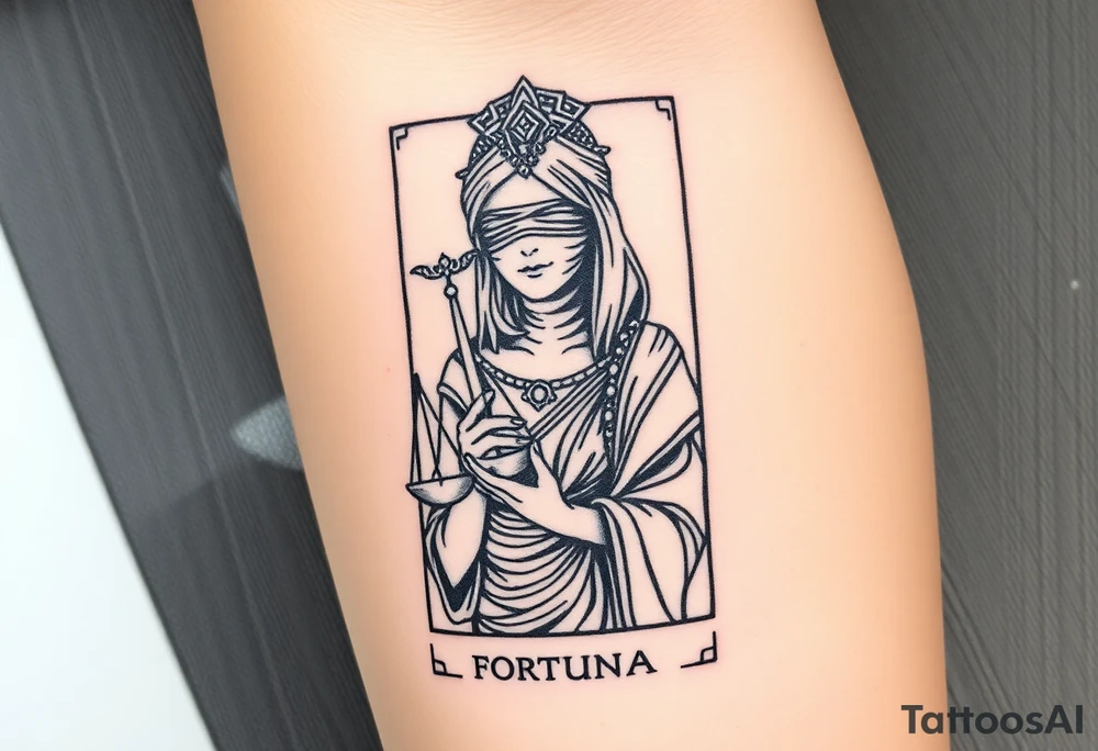Fortuna's card as a beautiful woman with eyes covered with material, holds a scale in her hands. This character have to be in a card/frame tattoo idea