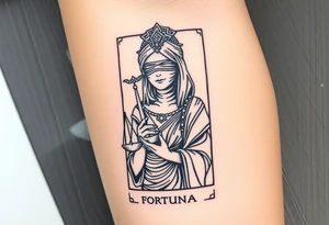 Fortuna's card as a beautiful woman with eyes covered with material, holds a scale in her hands. This character have to be in a card/frame tattoo idea