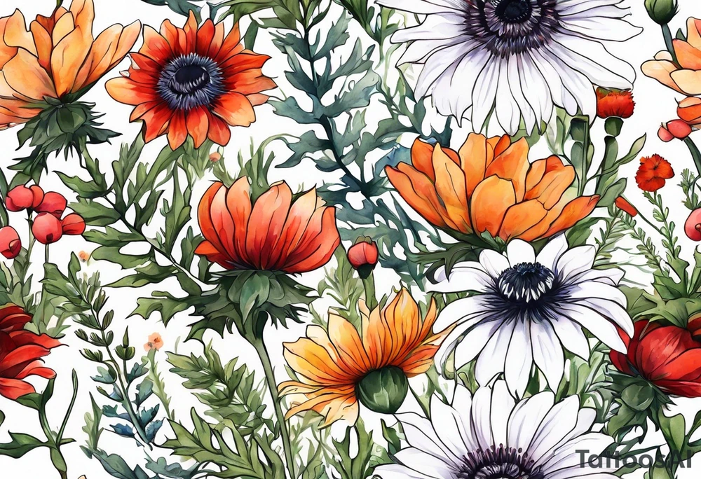 simple wildflowers cascading with thistles, ferns, white anemones, sun flowers, red flowers, black flowers, buttercups, orange flowers, babys breath and daisies all in watercolor tattoo idea