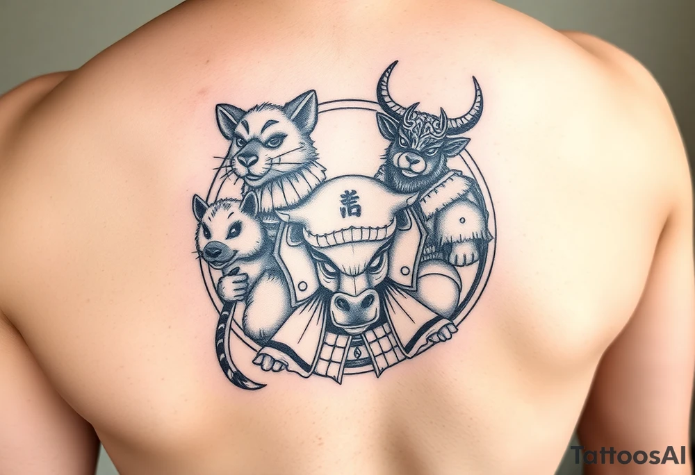 Chinese zodiac animals: rat, dog, goat, and ox all dressed up Japanese Samurai style in a circular formation tattoo idea