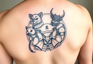 Chinese zodiac animals: rat, dog, goat, and ox all dressed up Japanese Samurai style in a circular formation tattoo idea