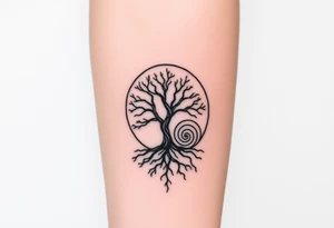 Tree inside of sun, spiral circle line moving roots to the right tattoo idea