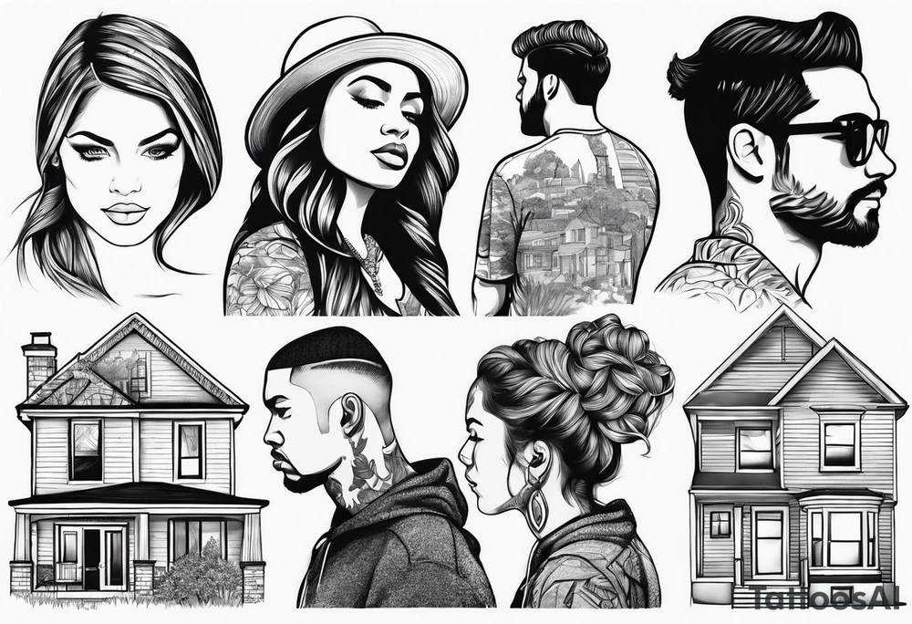 Person outline made out of homes tattoo idea