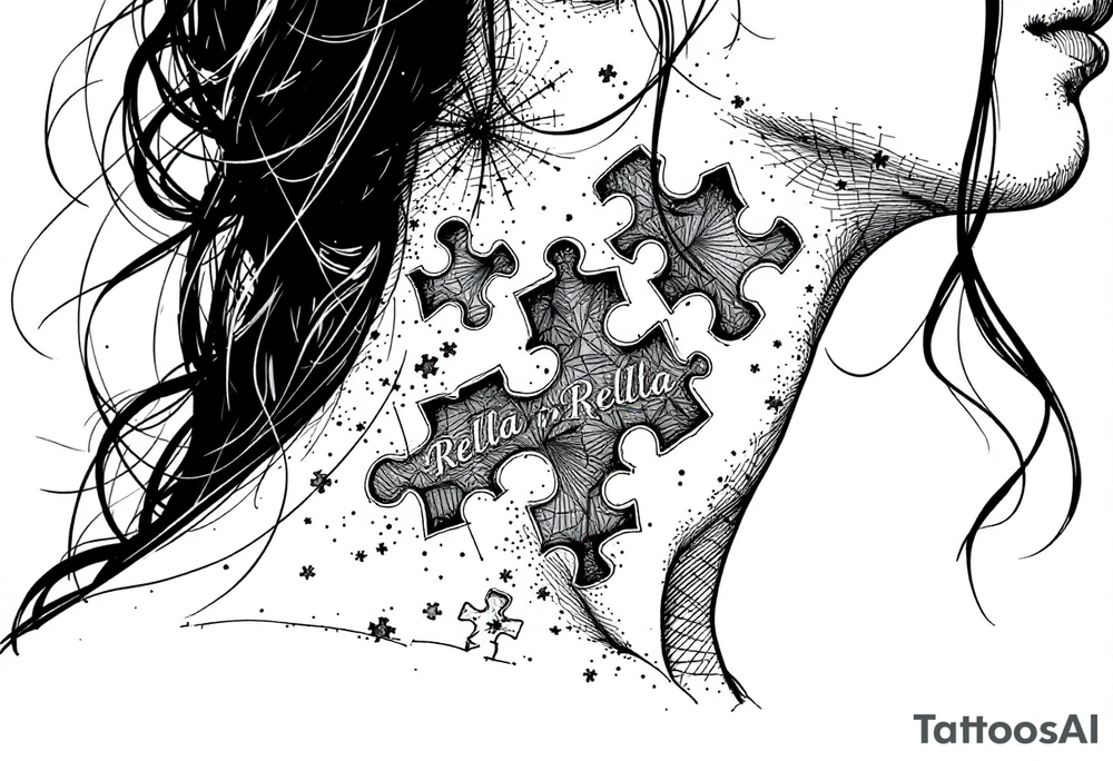 Puzzle piece tattoo on side of the neck  and have a missing piece on the side that says Rella on it. tattoo idea