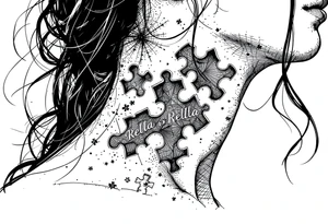 Puzzle piece tattoo on side of the neck  and have a missing piece on the side that says Rella on it. tattoo idea