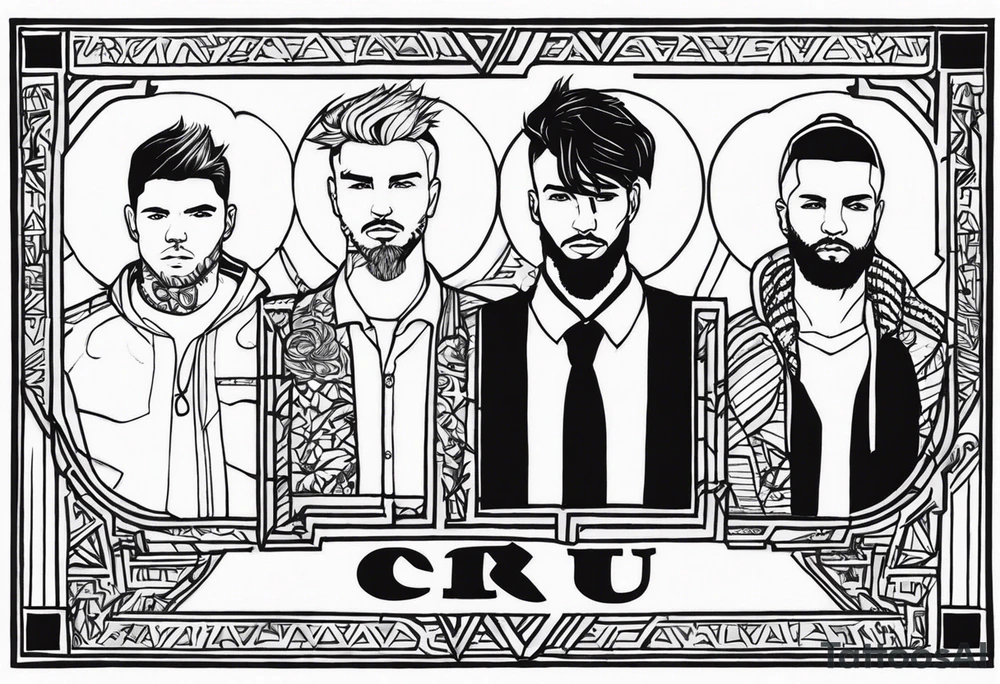 its about a boy group, called cru geheim, they are 4 men, they like to discuss, do not represent us 4 as humans, just make an icon with the saying "cru geheim" tattoo idea