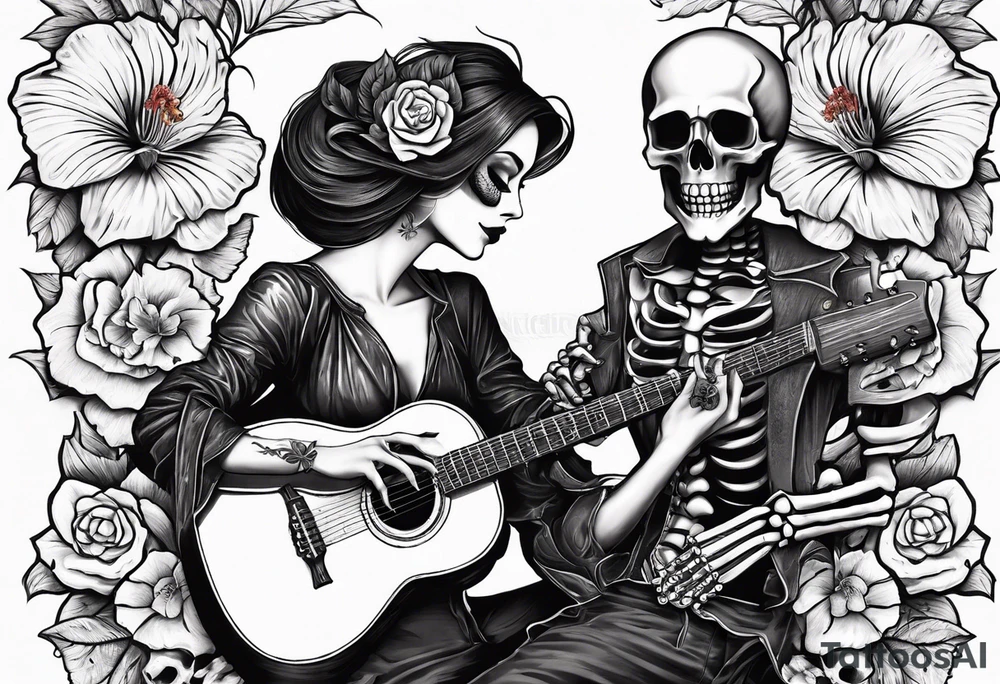 a female skeleton holding a hibiscus flower and a male skeleton playing a guitar. tattoo idea