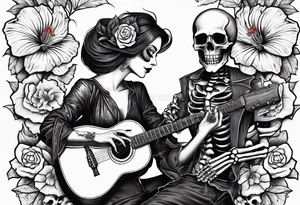 a female skeleton holding a hibiscus flower and a male skeleton playing a guitar. tattoo idea