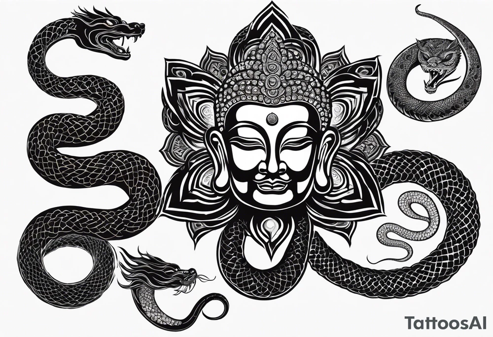 Full left arm tattoo. Below the elbow all black. In the bícep a buddhist endless knot. In the trícep a face of Buddha, half man half skull. On the shoulder a Lotus. Through the arm a kundalini snake, aerial view. As the snake enters the black part below the elbow snake in white. The head terminares near the wrist. Below the word dukkha in sanskrit tattoo idea