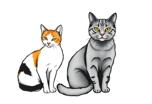 three cats, one black and white cat, one orange and white cat and one grey tabby cat tattoo idea