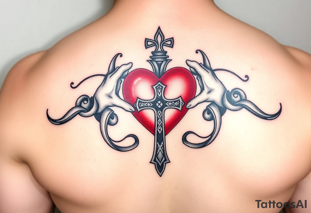 claddagh with a red heart intertwined with a celtic cross tattoo idea