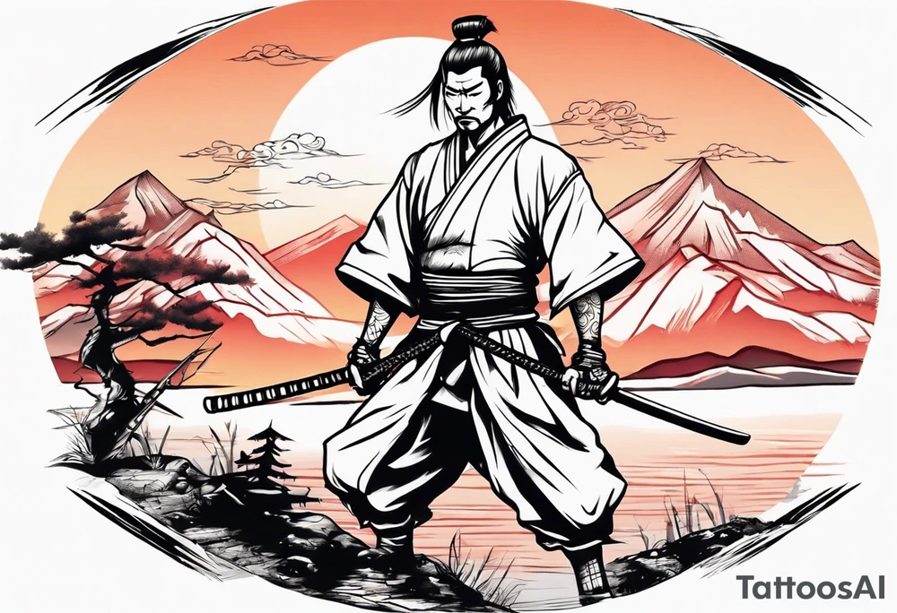 Samurai in the centre of a beautiful sunset landscape tattoo idea