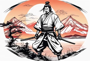 Samurai in the centre of a beautiful sunset landscape tattoo idea