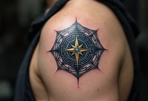 A geometric maze in metallic silver and deep blue tones, with a single golden compass in the center, representing the trials and choices of a Divergent. tattoo idea