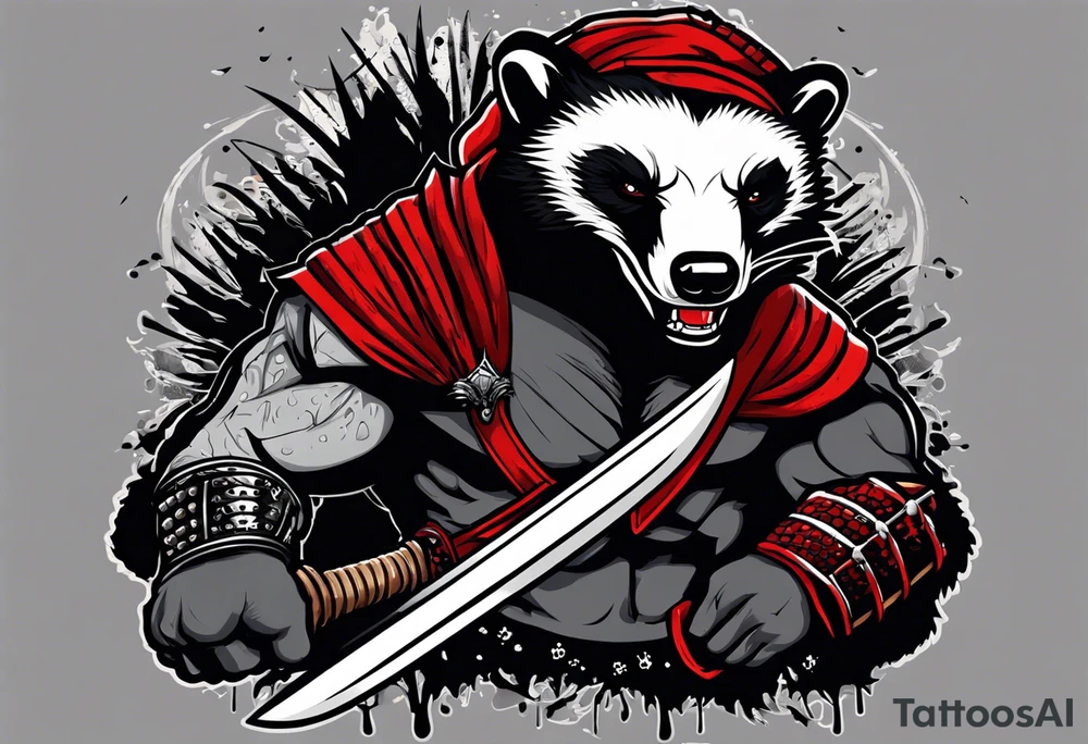 Draw me psychopath Honey Badger/Berserker with aggressive full body, killer face with a scary smile, very long nails and he attacks like a Bloody Assassin/Warrior/Gladiator to us and also, he has very deadly looking. He fights with his nails. Everybody scares after their first sight. Give me horror type Badger Tattoo. I want to see his Realistic full body with no weapons. tattoo idea