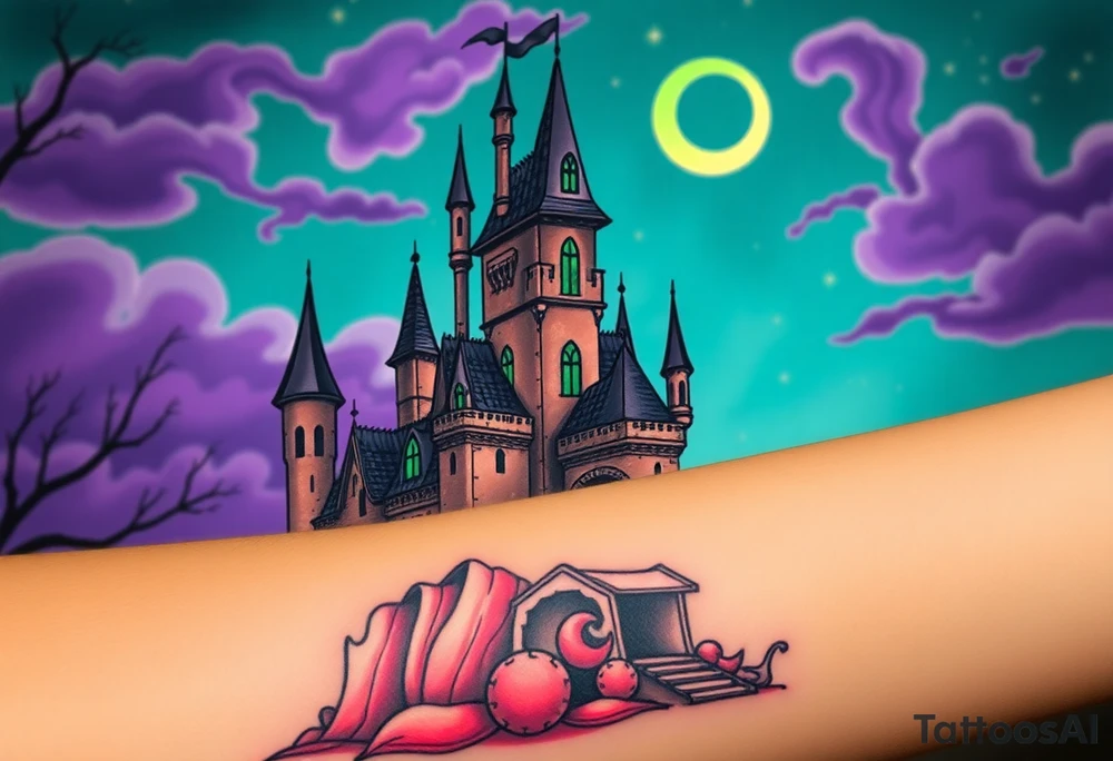 Tim Burton’s disney sleeping beauty’s haunted castle is abandoned and dripping with muted reds, dusty pinks, and eerie green glow.purple and cyan smokey clouds swirl in the crescent moonlit sky thats sprinkled with stars tattoo idea tattoo idea