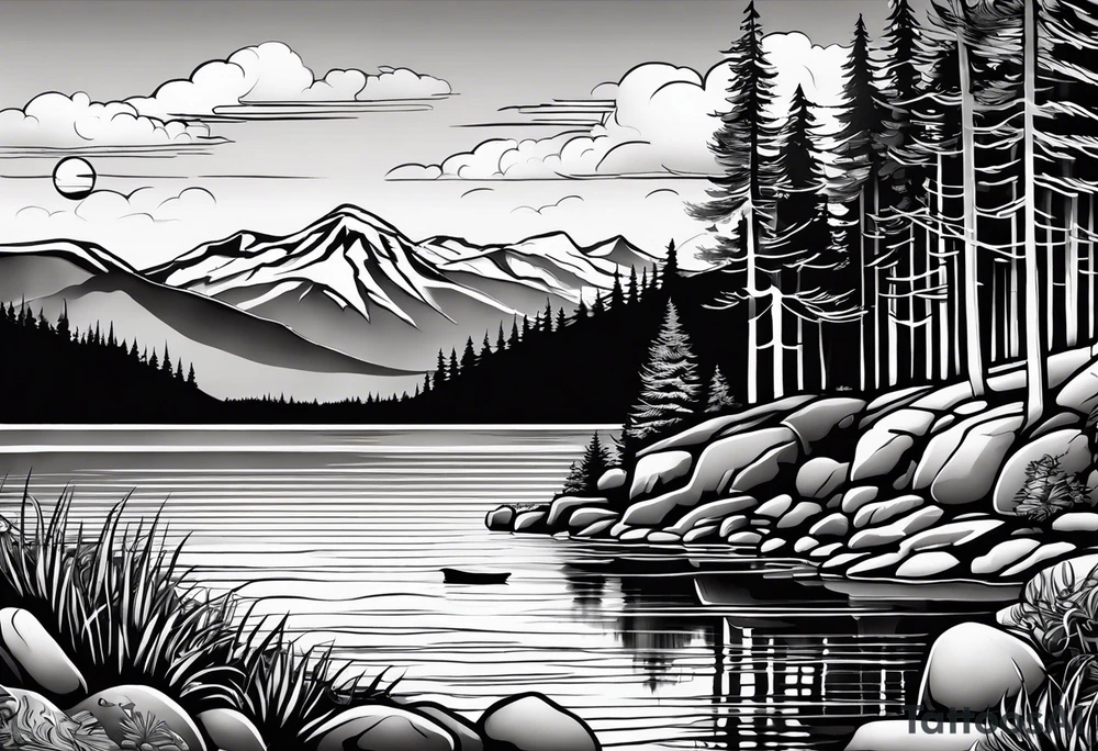 shoulder/upper arm design. pebble beach on a lakefront with a lake surrounded by tall trees and a mountain backdrop. Has reflections across the lakewater tattoo idea