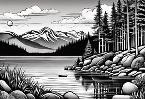 shoulder/upper arm design. pebble beach on a lakefront with a lake surrounded by tall trees and a mountain backdrop. Has reflections across the lakewater tattoo idea