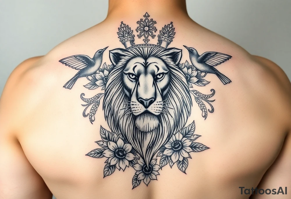 powerful majestic lion with a crown, surrounded by floral ornaments and birds tattoo idea