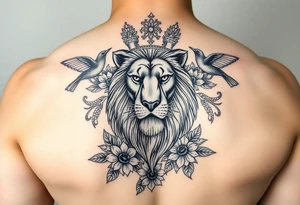 powerful majestic lion with a crown, surrounded by floral ornaments and birds tattoo idea