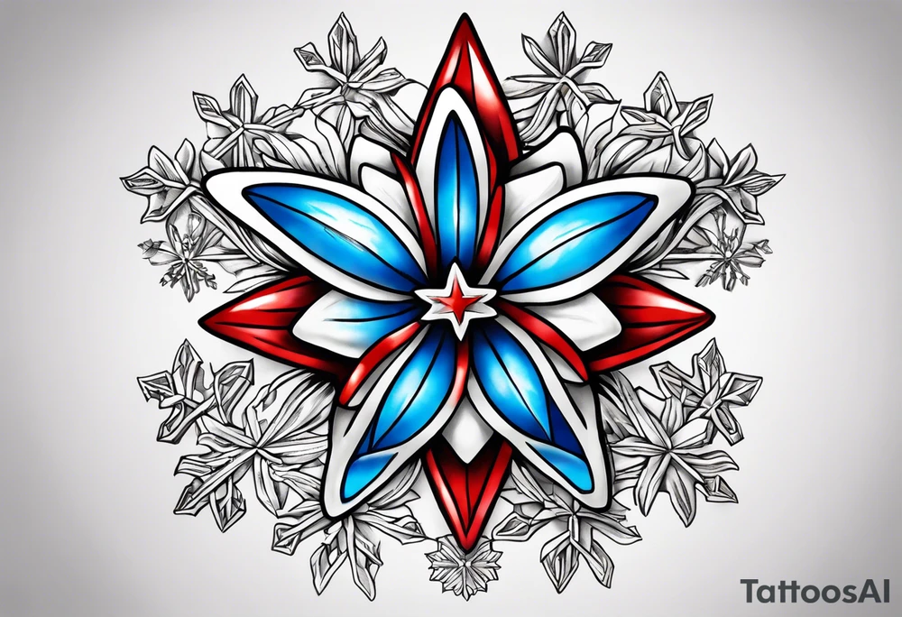 Small tattoo of a forget me knot flower, a red star, and a snowflake tattoo idea