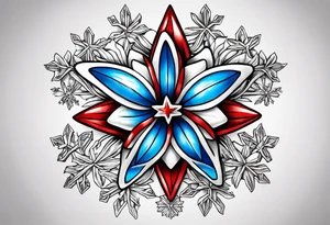 Small tattoo of a forget me knot flower, a red star, and a snowflake tattoo idea