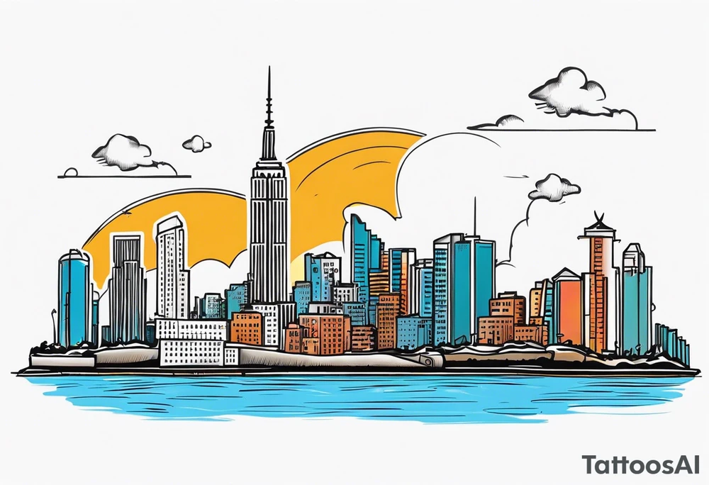 NYC skyline on the left and the right with the island of cuba in  the middle tattoo idea