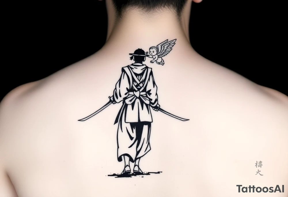 "Blackwork tattoo sketch of a lone samurai walking forward, shown in dramatic silhouette style. The samurai wears traditional kimono and hakama, holding a katana in one hand with the blade pointing downward. Behind him floats a small child angel with detailed feathered wings, gently touching the samurai’s back with one hand, as if stopping or guiding him. Strong contrast, dynamic ink splatter, rough brush strokes, Japanese sumi-e vibe, emotional and symbolic composition, high detail linework, no background." tattoo idea