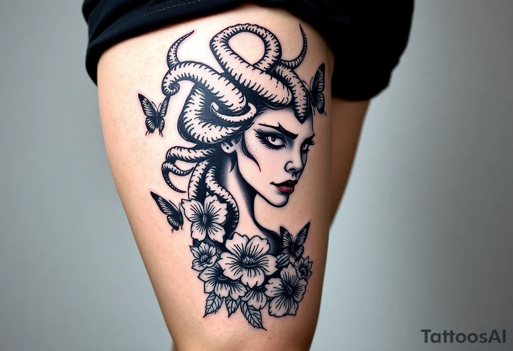 Medusa tattoo, she is standing on the side turning her head against the front with her White eyes! Flowers and butterflyes stouby her tattoo idea