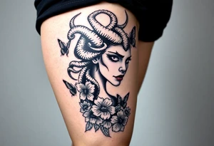 Medusa tattoo, she is standing on the side turning her head against the front with her White eyes! Flowers and butterflyes stouby her tattoo idea