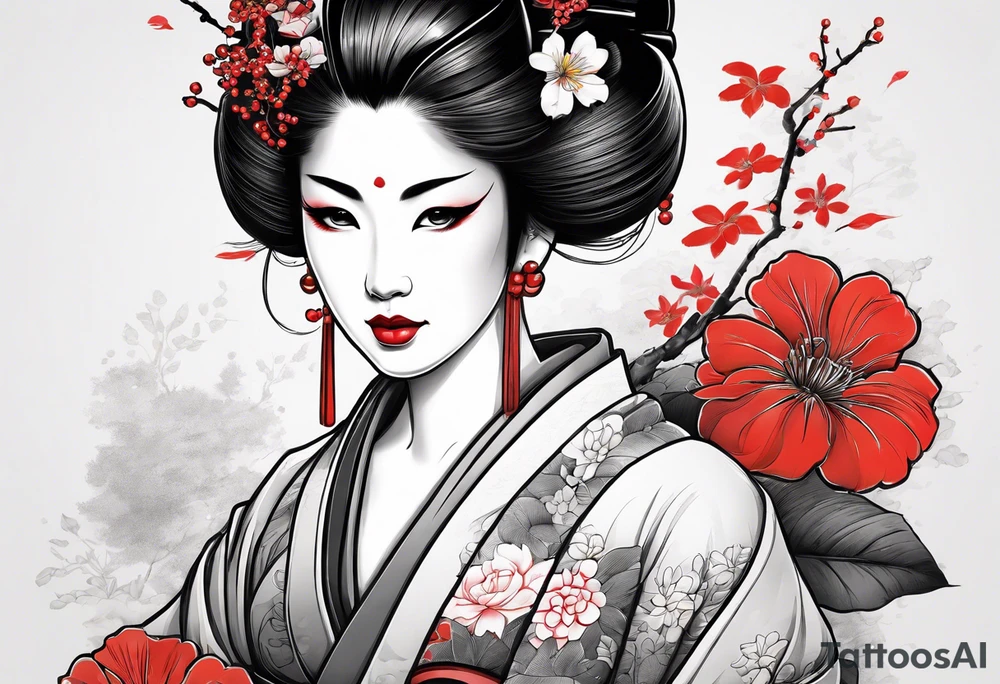 design of a geisha with a branch and a flower, asian style with color tattoo idea